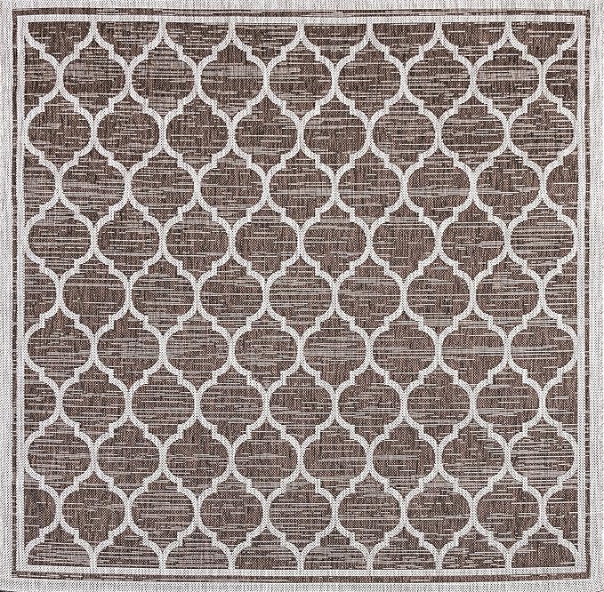 Eyely BMS109B-5SQ Santa Monica Trebol Moroccan Trellis Textured Weave Indoor/Outdoor Area Rug Coastal;Bohemian, Bedroom, Backyard, Patio, Easy-Cleaning, Non-Shedding, 5' Square, Espresso/Taupe