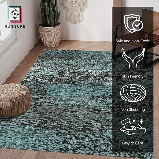 RUGSURE Washable Area Rug - 1/6 Thick - Stain & Water Resistant Non-Slip - Resistant Rug for Living Room, Bedroom, Nursery, Pet & Child Friendly, Vintage Charm Area Rugs (Green, 6' x 9')