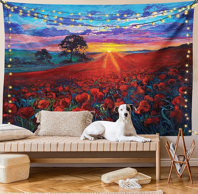 Ambesonne Country Tapestry King Size, Clouds at Sunset Paint Scenery of Poppy Flower Garden on Valley with Horizon, Wall Hanging Bedspread Bed Cover Wall Decor, 104" X 88", Burgundy Deep Sky Blue