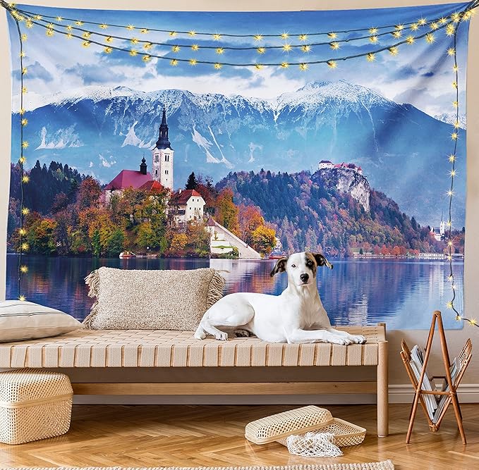 Ambesonne Landscape Tapestry, Photo of Bled in Slovenia with Lake Snowy Mountains and a Castle Pastoral Scenery, Fabric Wall Hanging Decor for Bedroom Living Room Dorm, 23" X 28", Blue Lavender