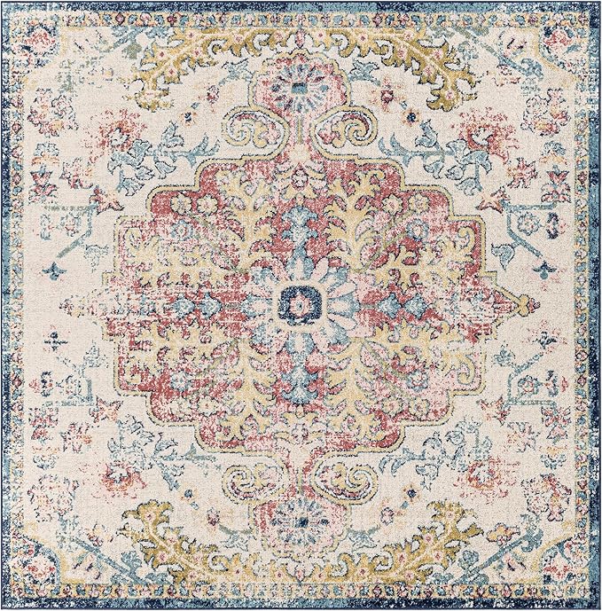 Livabliss Area Rugs - 8x8 Odelia Vintage Boho Aqua Burgandy Blue Square Area Rug for Living Room Bedroom - Floral Medallion Stain Resistant Carpet for Kitchen, Nursery, Office (7'10" Square)