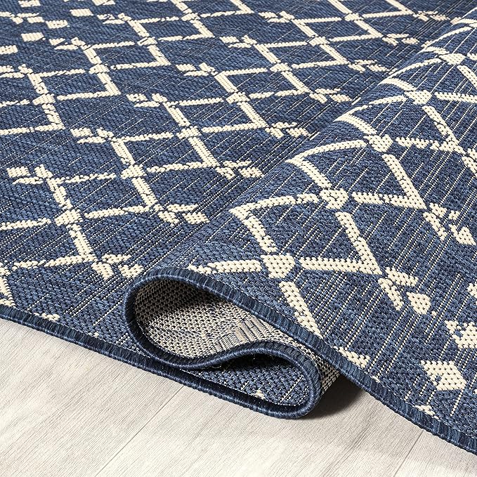 JONATHAN Y SMB108K-9R Ourika Moroccan Geometric Textured Weave Navy/Beige 9' Round Indoor/Outdoor Area Rug, Pet Friendly, Non-Shedding, Stain Resistant, Easy-Cleaning for Backyard, Patio, Porch