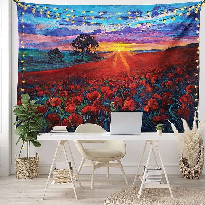 Ambesonne Country Tapestry King Size, Clouds at Sunset Paint Scenery of Poppy Flower Garden on Valley with Horizon, Wall Hanging Bedspread Bed Cover Wall Decor, 104" X 88", Burgundy Deep Sky Blue