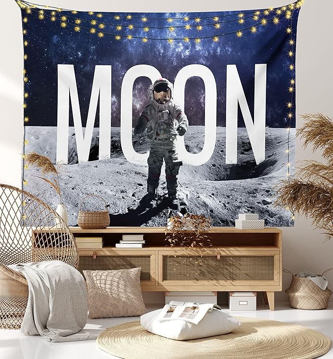 Ambesonne Outer Space Tapestry, Miniature Toy Astronaut on The Foreground of Giant Moon Big Bang Mars Print, Fabric Wall Hanging Decor for Bedroom Living Room Dorm, 45" X 30", Grey Blue