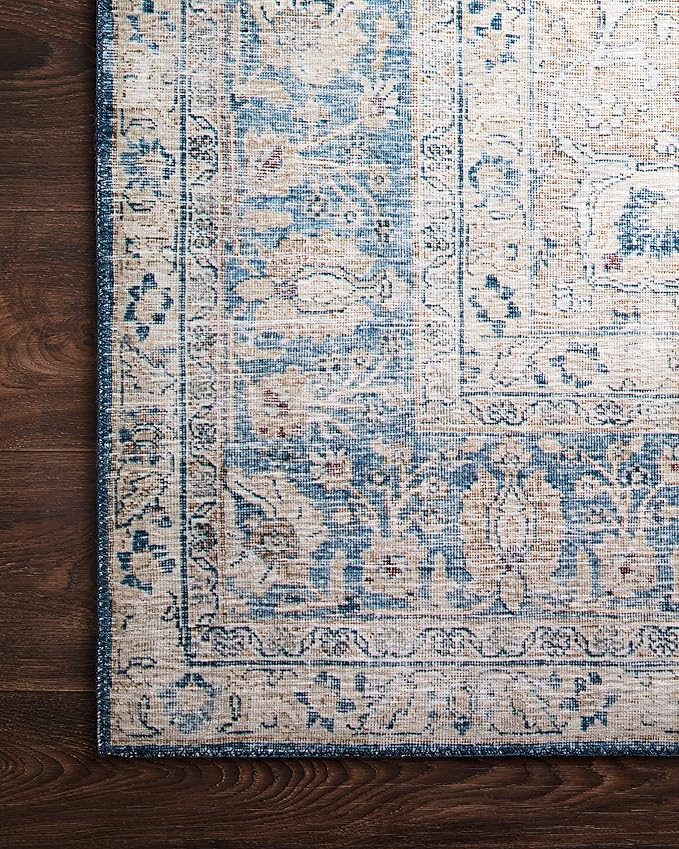 Loloi Layla Collection LAY-07 Blue/Tangerine 9'-0" x 12'-0" .13" Thick Area Rug, Soft, Durable, Vintage Inspired, Distressed, Low Pile, Non-Shedding, Easy Clean, Printed, Living Room Rug