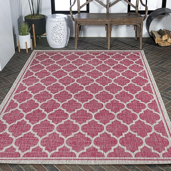 Eyely BMS109H-9 Santa Monica Trebol Moroccan Trellis Textured Weave Indoor/Outdoor Area Rug Coastal;Bohemian, Bedroom, Backyard, Patio, Easy-Cleaning, Non-Shedding, 9 X 12, Fuchsia/Light Gray