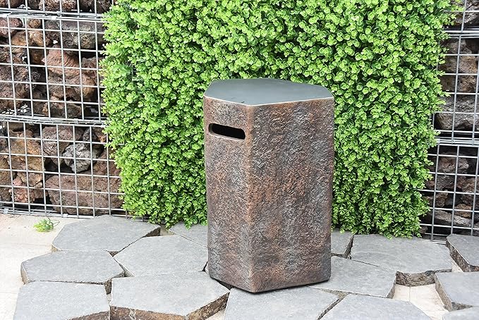 AMS Fireplace | Elementi 20lb Propane Tank Cover (Columbia Style) | High-Performance Cast Concrete, Brown Color, Hexagon Shape, Size - 18.5" x 15" x 24.4" inches | Suited for 20 lb Propane Tank