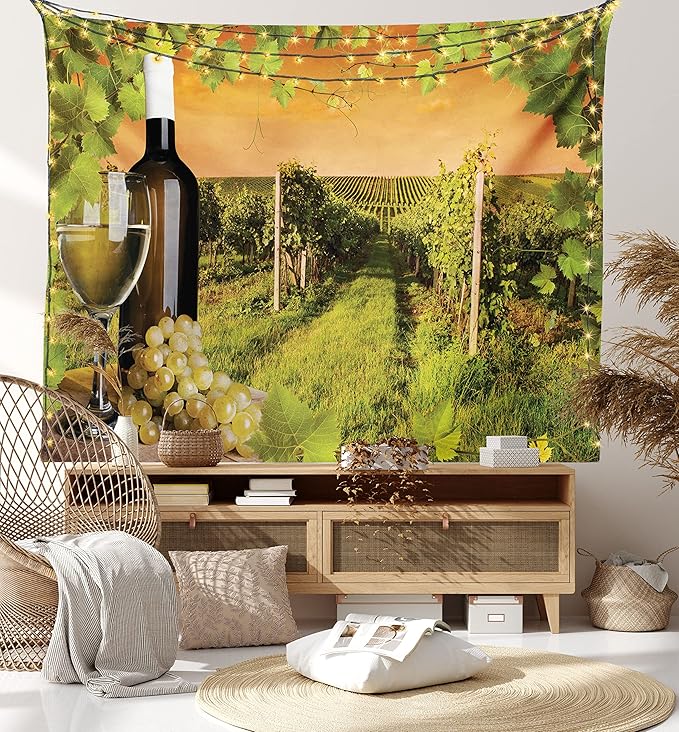 Ambesonne Winery Tapestry King Size, Bottle and Glass of Wine and Vineyards of Sunset Countryside Romantic Evening View, Wall Hanging Bedspread Bed Cover Wall Decor, 104" X 88", Orange Green