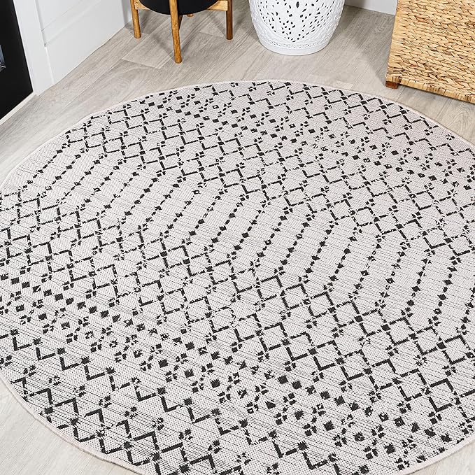 JONATHAN Y SMB108I-3R Ourika Moroccan Geometric Textured Weave Cream/Black 3' Round Indoor/Outdoor Area Rug, Pet Friendly, Non-Shedding, Stain Resistant, Easy-Cleaning for Backyard, Patio, Porch