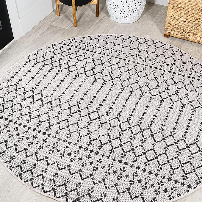 JONATHAN Y SMB108I-6R Ourika Moroccan Geometric Textured Weave Cream/Black 6' Round Indoor/Outdoor Area Rug, Pet Friendly, Non-Shedding, Stain Resistant, Easy-Cleaning for Backyard, Patio, Porch