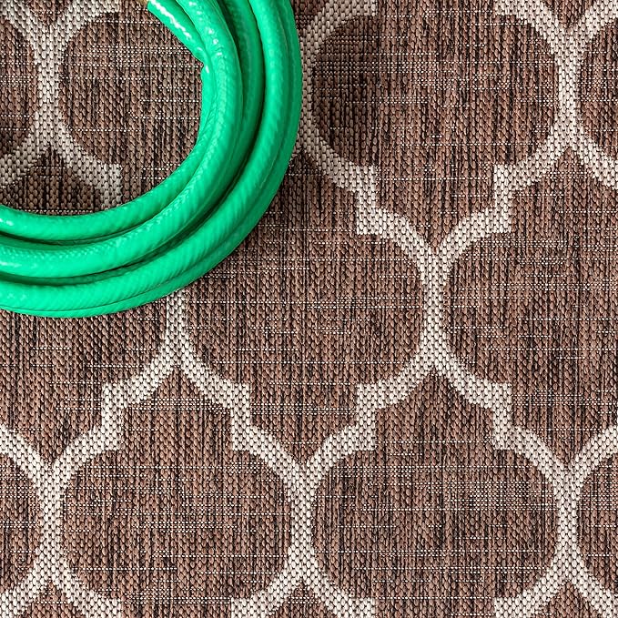 Eyely BMS109B-5SQ Santa Monica Trebol Moroccan Trellis Textured Weave Indoor/Outdoor Area Rug Coastal;Bohemian, Bedroom, Backyard, Patio, Easy-Cleaning, Non-Shedding, 5' Square, Espresso/Taupe