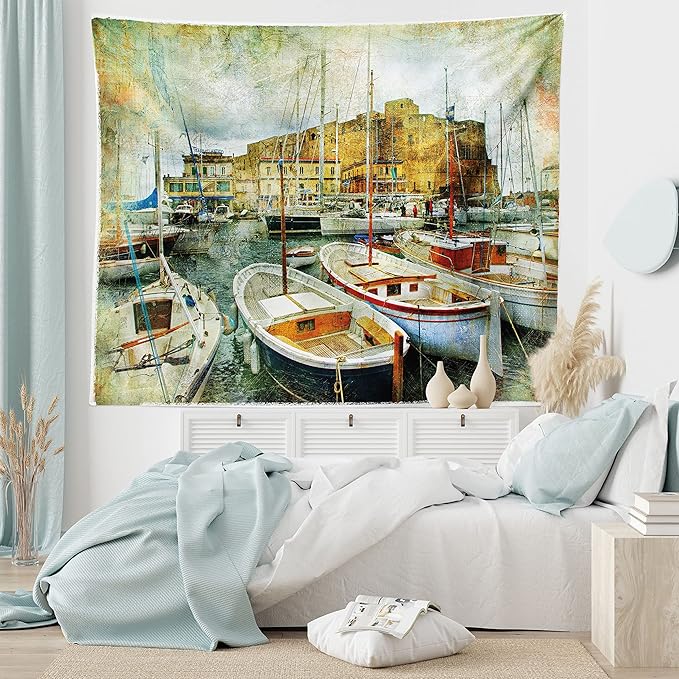 Ambesonne Marine Tapestry, Naples Small Boats at Historical Italian Coast Heritage Castle Nautical Art, Wide Wall Hanging for Bedroom Living Room Dorm, 60" X 40", Earth Yellow