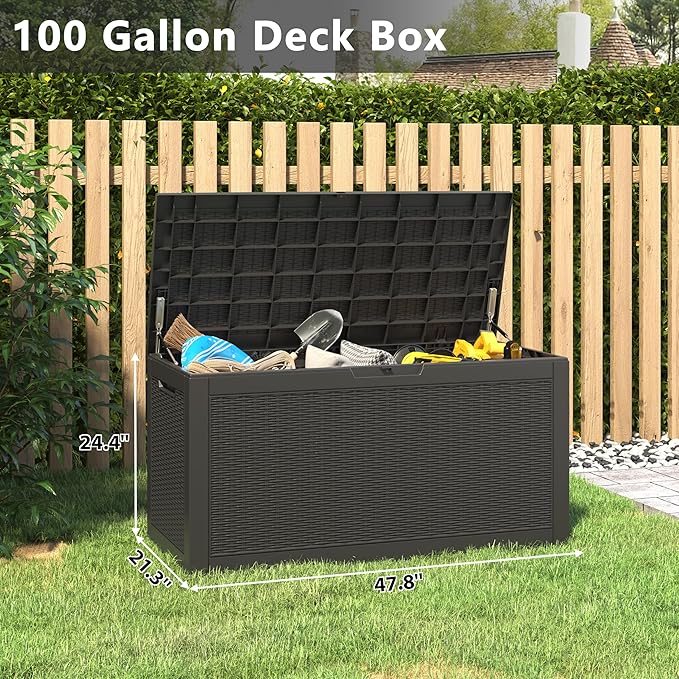 100 Gallon Deck Box Lockable Rattan Outdoor Storage Box waterproof Outdoor Container for Patio Furniture Cushions, Pillow