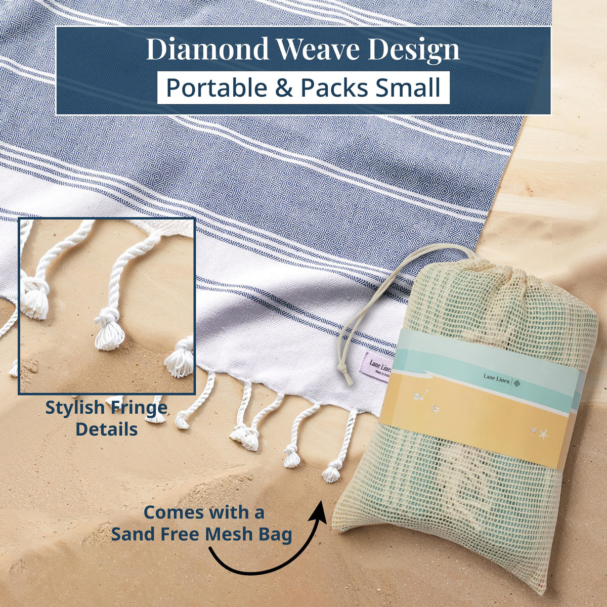 LANE LINEN Beach Blanket Sand Free, Soft & Large Beach Towel - Navy Blazer