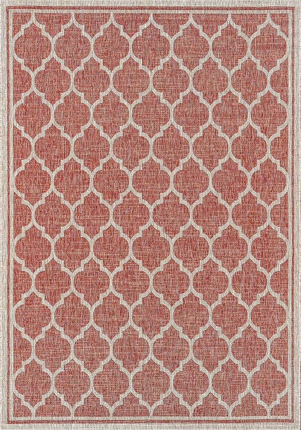 Eyely BMS109C-3 Santa Monica Trebol Moroccan Trellis Textured Weave Indoor/Outdoor Area Rug Coastal;Bohemian, Bedroom, Backyard, Patio, Easy-Cleaning, Non-Shedding, 3 X 5, Red/Beige