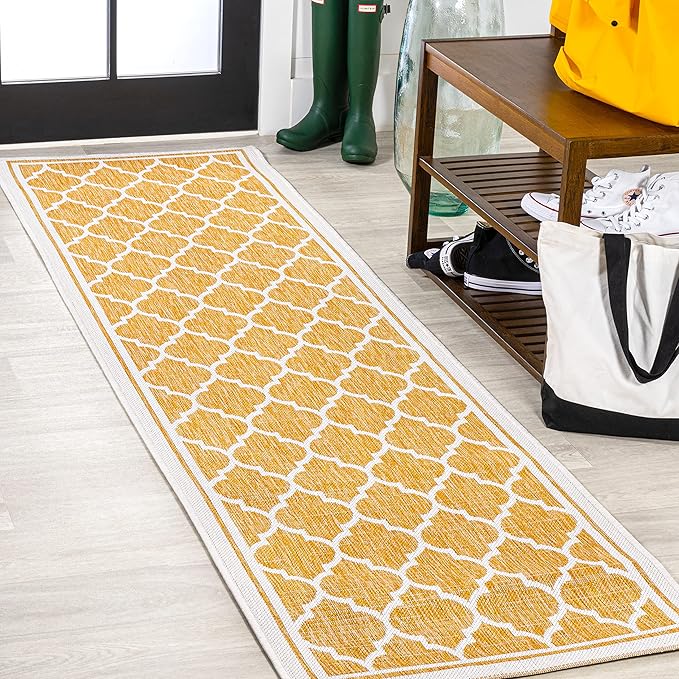 Eyely BMS109F-28 Santa Monica Trebol Moroccan Trellis Textured Weave Indoor/Outdoor Runner Rug Coastal;Bohemian, Bedroom, Backyard, Patio, Easy-Cleaning, Non-Shedding, 2 X 8, Yellow/Cream