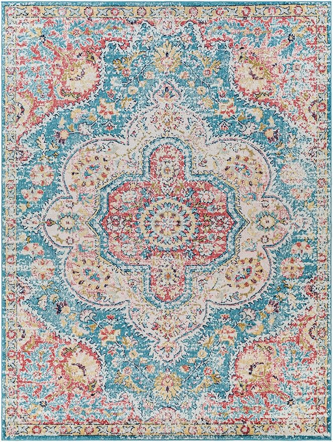 Livabliss Area Rugs - 8x10 Romaine Vintage Boho Navy Sky Blue Rose Area Rug for Living Room Bedroom - Floral Medallion Stain Resistant Carpet for Kitchen, Nursery, Office (7'10" x 10'3")