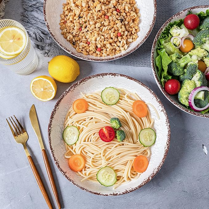 LEHAHA Farmhouse Pasta Bowls, Set of 6, White Melamine Rustic 42 oz Shallow Bowl, Large Salad Bowl, Deep Pasta plate, Dishwasher Safe Serving Bowls.…