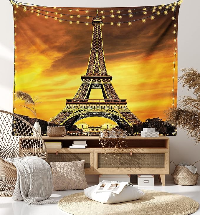 Ambesonne Eiffel Tower Tapestry King Size, Paris Love City Monument in Dramatic Sunrise Picture of French Landmark, Wall Hanging Bedspread Bed Cover Wall Decor, 104" X 88", Yellow Brown
