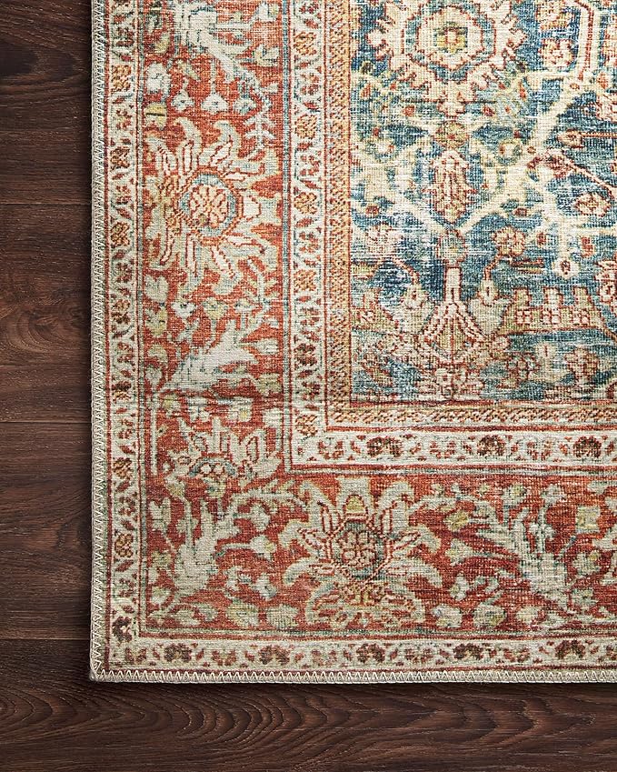 Loloi Layla Collection LAY-04 Ocean/Rust 2'-6" x 12'-0" .13" Thick Runner Rug, Soft, Durable, Vintage Inspired, Distressed, Low Pile, Non-Shedding, Easy Clean, Printed, Living Room Rug