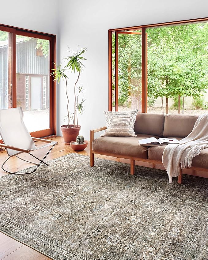 Loloi Layla Collection LAY-13 Antique/Moss 7'-6" x 9'-6" .13" Thick Area Rug, Soft, Durable, Vintage Inspired, Distressed, Low Pile, Non-Shedding, Easy Clean, Printed, Living Room Rug