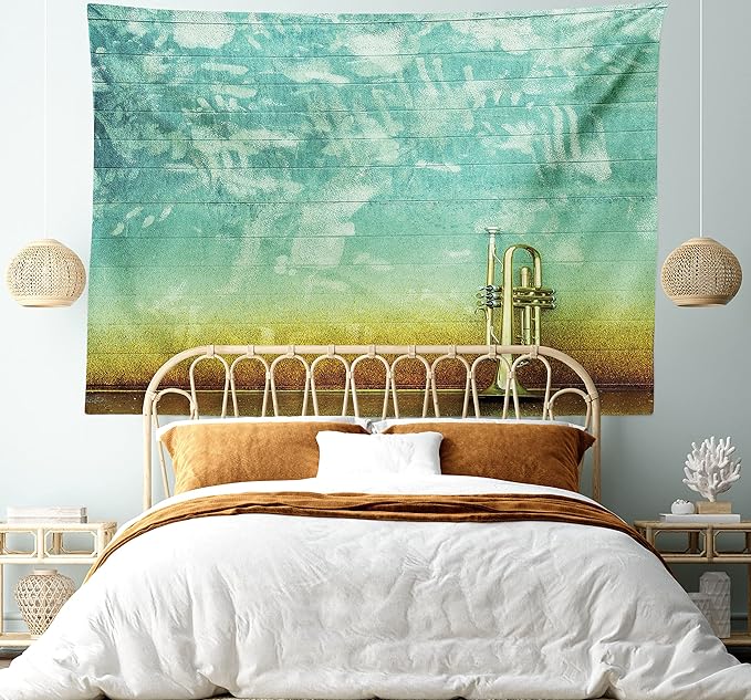Ambesonne Music Tapestry King Size, Old Aged Worn Single Trumpet Stands Alone Against a Faded Wall Jazz Theme Photo, Wall Hanging Bedspread Bed Cover Wall Decor, 104" X 88", Teal Brown