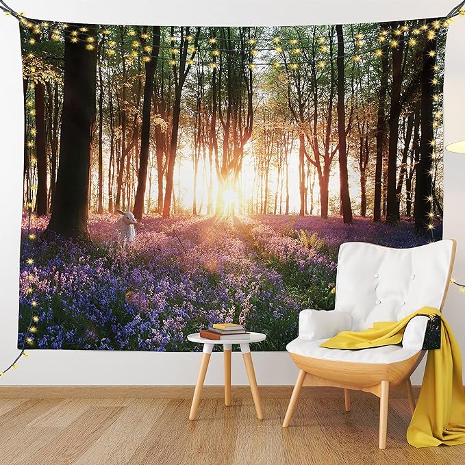 Ambesonne Forest Tapestry, Bluebell Woods Sunrise with White Rabbit Sunny Spring Day in Woodland, Fabric Wall Hanging Decor for Bedroom Living Room Dorm, 30" X 45", Purple Green