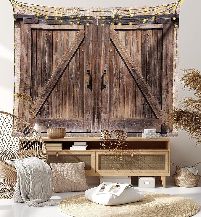 Ambesonne Rustic Tapestry, Wooden Barn Door in Stone Farmhouse Image Vintage Desgin Rural Art Architecture Print, Fabric Wall Hanging Decor for Bedroom Living Room Dorm, 45" X 30", Cream Brown