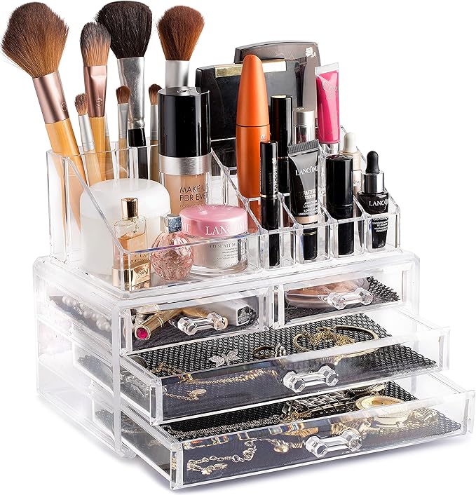 Masirs Clear Makeup Organizer – 16-Compartment Cosmetic and Jewelry Holder, 4-Drawer Vanity Storage, Elegant Clear Design for Makeup and Accessories