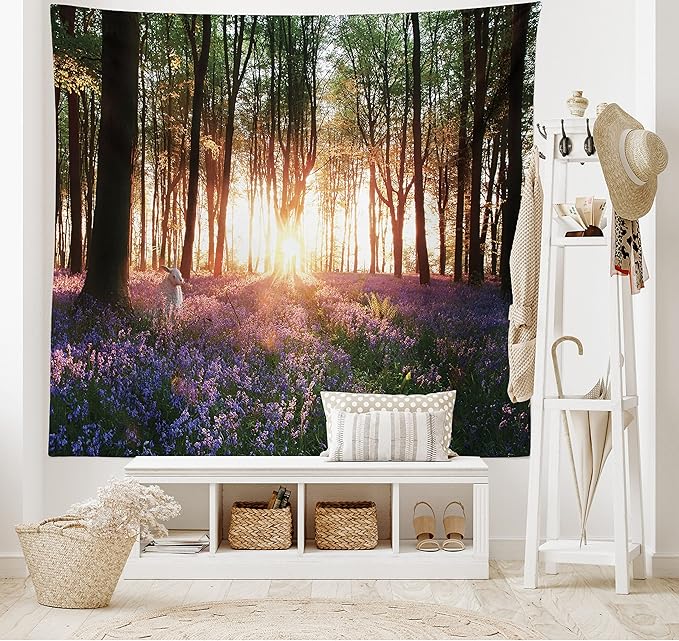 Ambesonne Forest Tapestry King Size, Bluebell Woods Sunrise with White Rabbit Sunny Spring Day in Woodland, Wall Hanging Bedspread Bed Cover Wall Decor, 104" X 88", Purple Green