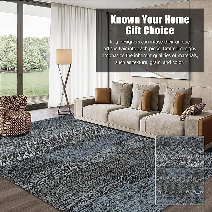 RUGSURE Washable Area Rug - 1/6 Thick - Stain & Water Resistant Non-Slip - Resistant Rug for Living Room, Bedroom, Nursery, Pet & Child Friendly, Vintage Charm Area Rugs (Darkgrey+Bule, 9' x 12')