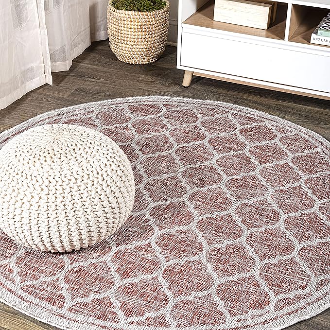 Eyely BMS109C-6R Santa Monica Trebol Moroccan Trellis Textured Weave, Pet Friendly, Non-Shedding, Stain Resistant, Easy-Cleaning, Red/Beige, 6' Round, Indoor/Outdoor, Area Rug
