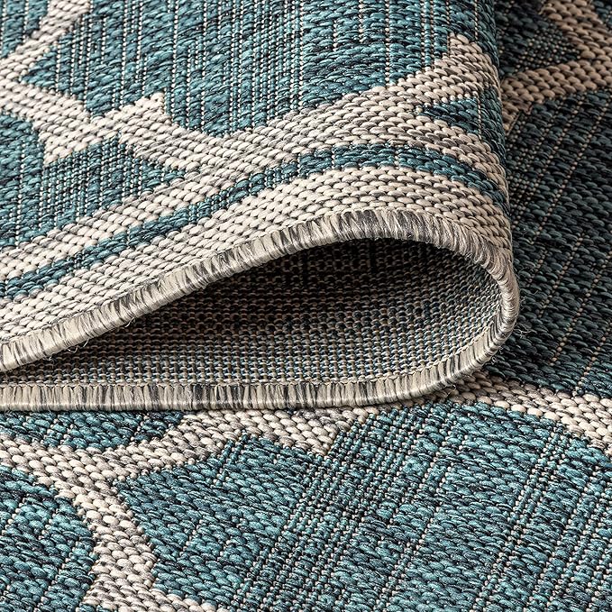Eyely BMS109E-6R Santa Monica Trebol Moroccan Trellis Textured Weave, Pet Friendly, Non-Shedding, Stain Resistant, Easy-Cleaning, Teal/Gray, 6' Round, Indoor/Outdoor, Area Rug