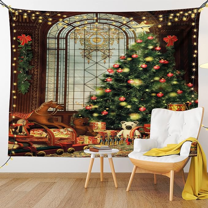 Ambesonne Christmas Tapestry King Size, Vintage Ambiance Big Old Fashioned Window Xmas Tree Various Presents, Wall Hanging Bedspread Bed Cover Wall Decor, King Size, Brown Red Green