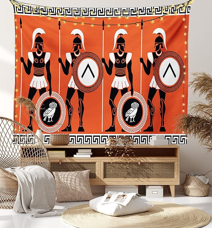 Ambesonne Retro Tapestry Queen Size, Historical in Greece Theme Cultures, Wall Hanging Bedspread Bed Cover Wall Decor, 88" X 88", Orange Black White