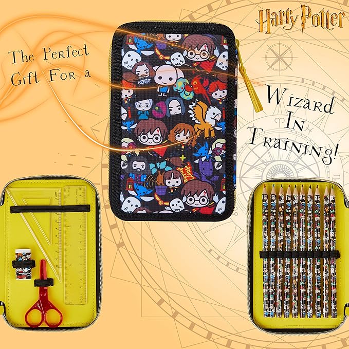 Harry Potter Gifts Pencil Case for Kids, Large Double Zip Organizer Pencil Pouch Filled with School Art Supplies, Stationery Set for Boys and Girls (Black AOP)