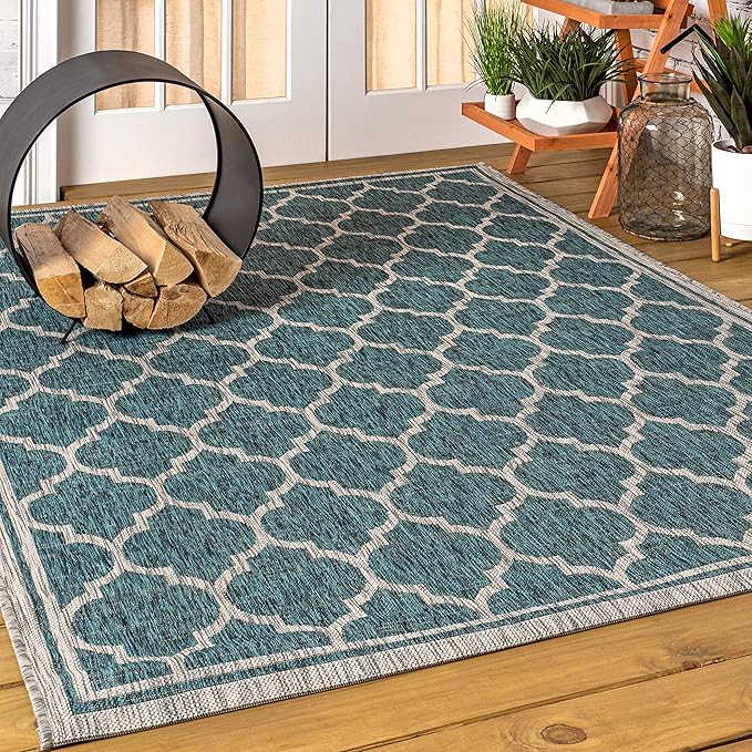 Eyely BMS109E-3 Santa Monica Trebol Moroccan Trellis Textured Weave Indoor/Outdoor Area Rug Coastal;Bohemian, Bedroom, Backyard, Patio, Easy-Cleaning, Non-Shedding, 3 X 5, Teal/Gray