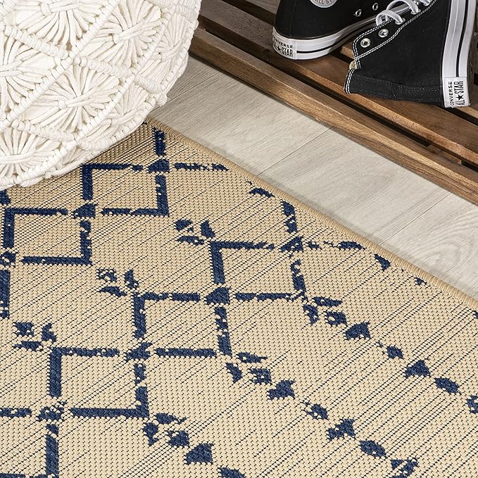 JONATHAN Y SMB108H-4SQ Ourika Moroccan Geometric Textured Weave Beige/Navy 4' Square Indoor/Outdoor Area Rug, Pet Friendly, Non-Shedding, Stain Resistant, Easy-Cleaning for Backyard, Patio, Porch