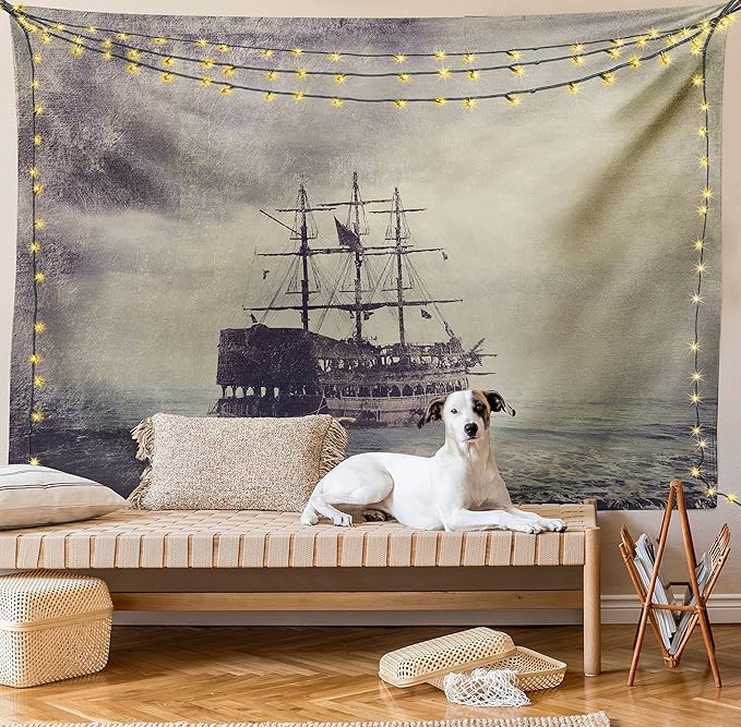 Ambesonne Nautical Tapestry Twin Size, Old Pirate Ship in the Sea Historical Cruise Retro Voyage Grunge Style Art, Wall Hanging Bedspread Bed Cover Wall Decor, 68" X 88", Tan Plum