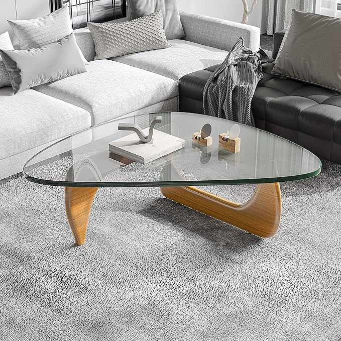 Noguchi Table Triangle Glass Coffee Table Vintage Glass End Table, Solid Wood Base and Triangle Clear Glass Top Modern End Table for Living Room, Patio, Study