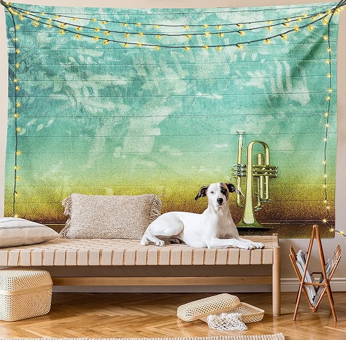 Ambesonne Music Tapestry, Old Aged Worn Single Trumpet Stands Alone Against a Faded Wall Jazz Theme Photo, Fabric Wall Hanging Decor for Bedroom Living Room Dorm, 30" X 45", Teal Brown