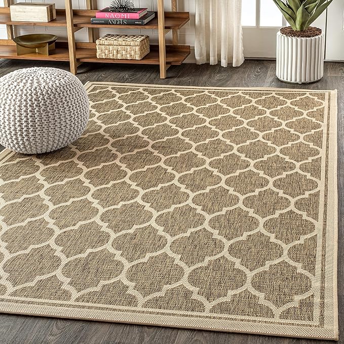 Eyely BMS109A-8 Santa Monica Trebol Moroccan Trellis Textured Weave Indoor/Outdoor Area Rug Coastal;Bohemian, Bedroom, Backyard, Patio, Easy-Cleaning, Non-Shedding, 8 X 10, Brown/Beige