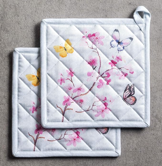 Maison d' Hermine Pot Holders Set 100% Cotton Heat Resistant Potholders 8" x 8" Hot Pads with Loop BBQ, Cooking, Grilling, Kitchen, Handling Hot Pans Spring/Summer (Pack of 2, Blossoms in Spring)
