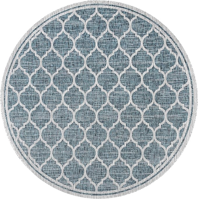 Eyely BMS109E-6R Santa Monica Trebol Moroccan Trellis Textured Weave, Pet Friendly, Non-Shedding, Stain Resistant, Easy-Cleaning, Teal/Gray, 6' Round, Indoor/Outdoor, Area Rug