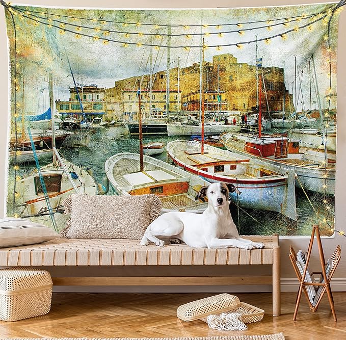 Ambesonne Marine Tapestry, Naples Small Boats at Historical Italian Coast Heritage Castle Nautical Art, Wide Wall Hanging for Bedroom Living Room Dorm, 60" X 40", Earth Yellow