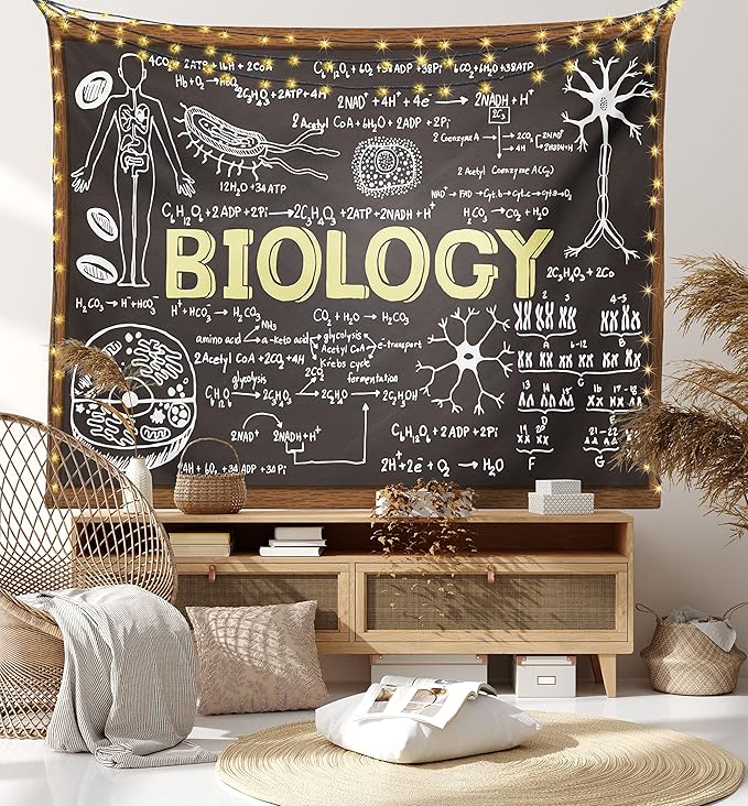 Ambesonne Science Tapestry, Black Chalkboard Biology Hand Written, Wide Wall Hanging for Bedroom Living Room Dorm, 80" X 60", Black Brown Pale Yellow