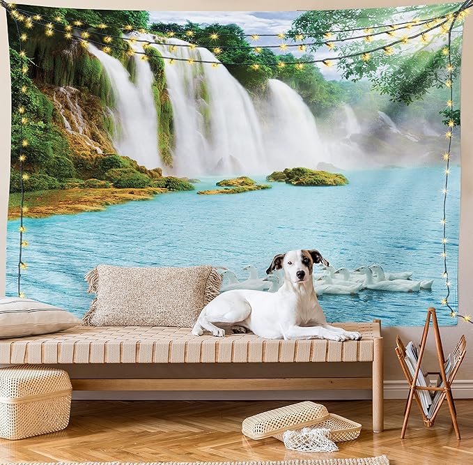 Ambesonne Waterfall Tapestry, Image of a Grand Waterfall with Swans in the Lake Sunny Day Nature Print, Fabric Wall Hanging Decor for Bedroom Living Room Dorm, 23" X 28", White Green