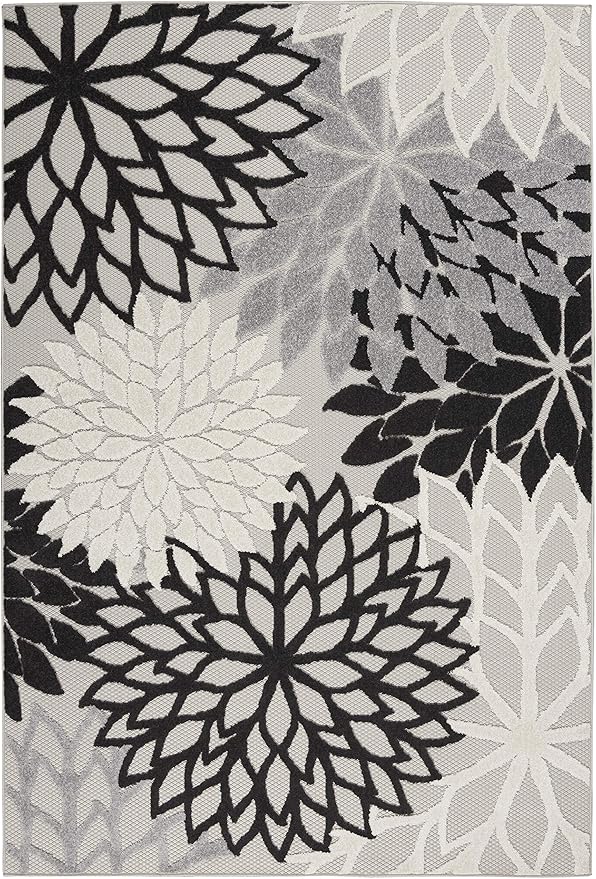Nourison Aloha Indoor/Outdoor Black White 3'6" x 5'6" Area Rug, Tropical, Botanical, Easy Cleaning, Non Shedding, Bed Room, Living Room, Dining Room, Deck, Backyard, Patio (3x5)