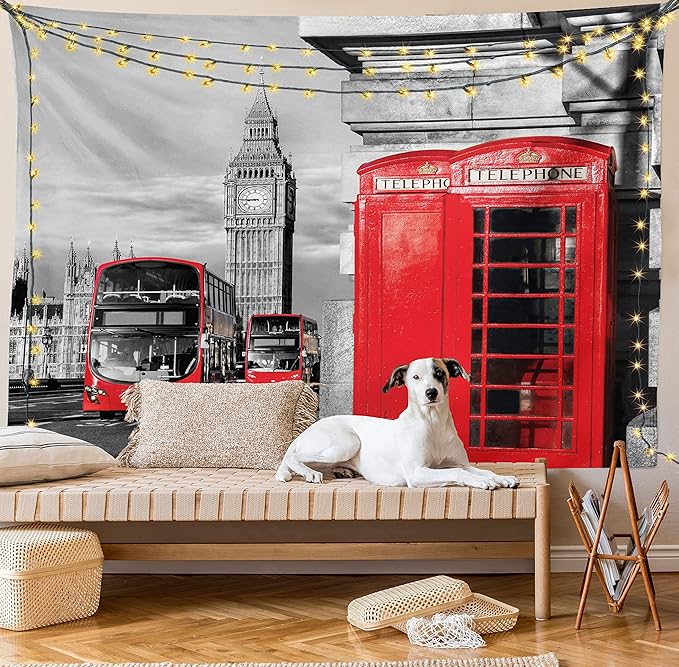 Ambesonne London Tapestry, London Telephone Booth in the Street Traditional Local Cultural England UK Retro, Wall Hanging for Bedroom Living Room Dorm Decor, 60" X 80", Red Grey