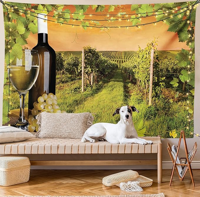 Ambesonne Winery Tapestry, Bottle and Glass of Wine and Vineyards of Sunset Countryside Romantic Evening View, Fabric Wall Hanging Decor for Bedroom Living Room Dorm, 23" X 28", Orange Green